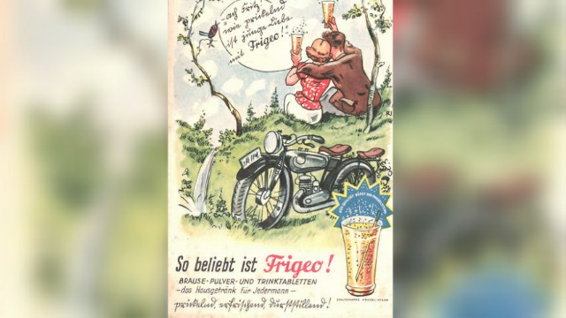 Old German poster for sherbet powder (brausepulver) depicting a couple drinking Frigeo drink in nature