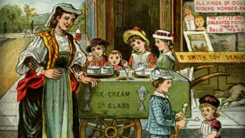 Drawing picturing a woman selling ice cream to kids, dressed in the style of the Victorian Era in Britain