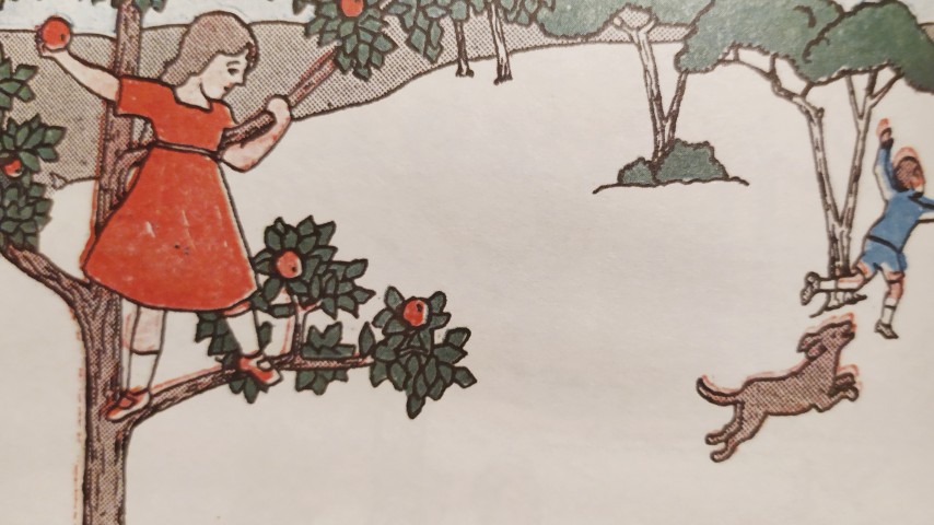 Illustration showing a girl on an apple tree and a boy playing with a dog