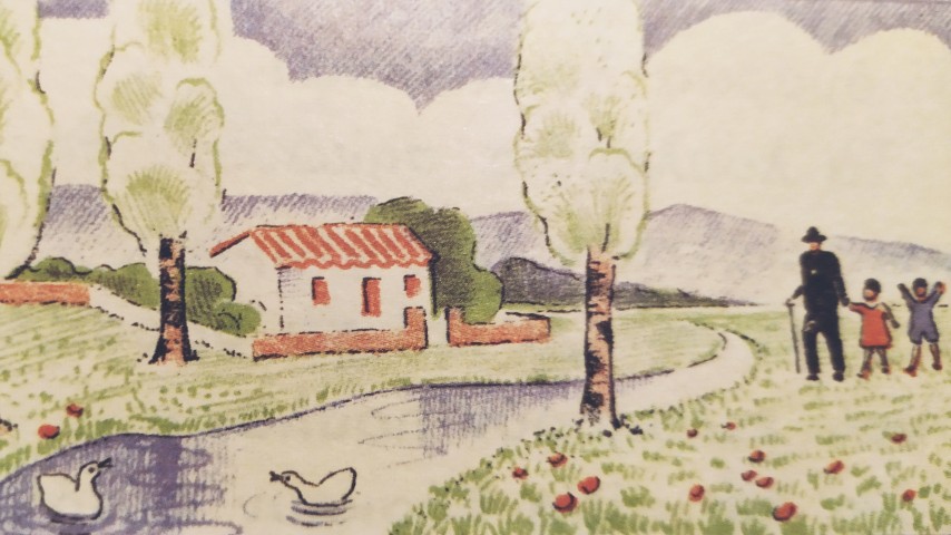 Illustration showing a grandfather with two children taking a walk in nature, by a river with ducks and a house