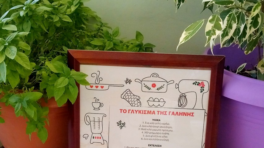 A frame with the Sweets of serenity between two flower pots