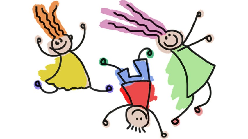 Σκίτσο με δύο κορίτσια και ένα αγόρι να χοροπηδάνε χαρούμενα