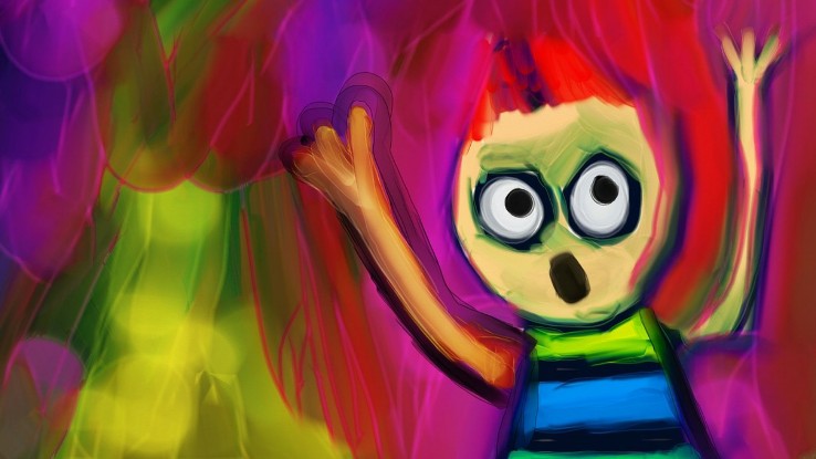 Ζωγραφιά με ένα παιδί με τρομαγμένο πρόσωπο και σηκωμένα χέρια, σε φόντο σε αποχρώσεις κόκκινου και μωβ