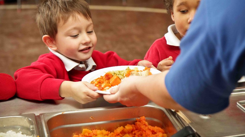Ένα αγόρι που παίρνει ένα πιάτο με υγιεινό σχολικό γεύμα από μια τραπεζοκόμο
