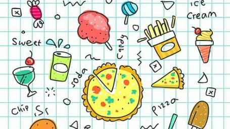 Σκίτσο με ανθιυγιεινά σνακ όπως πίτσα, μπέργκερ, αναψυκτικό, παγωτό κλπ.