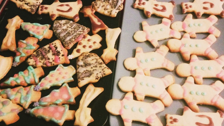 Ένα μαύρο και ένα μπλε πιάτο με Χριστουγεννιάτικα μπισκότα σε διάφορα σχήματα